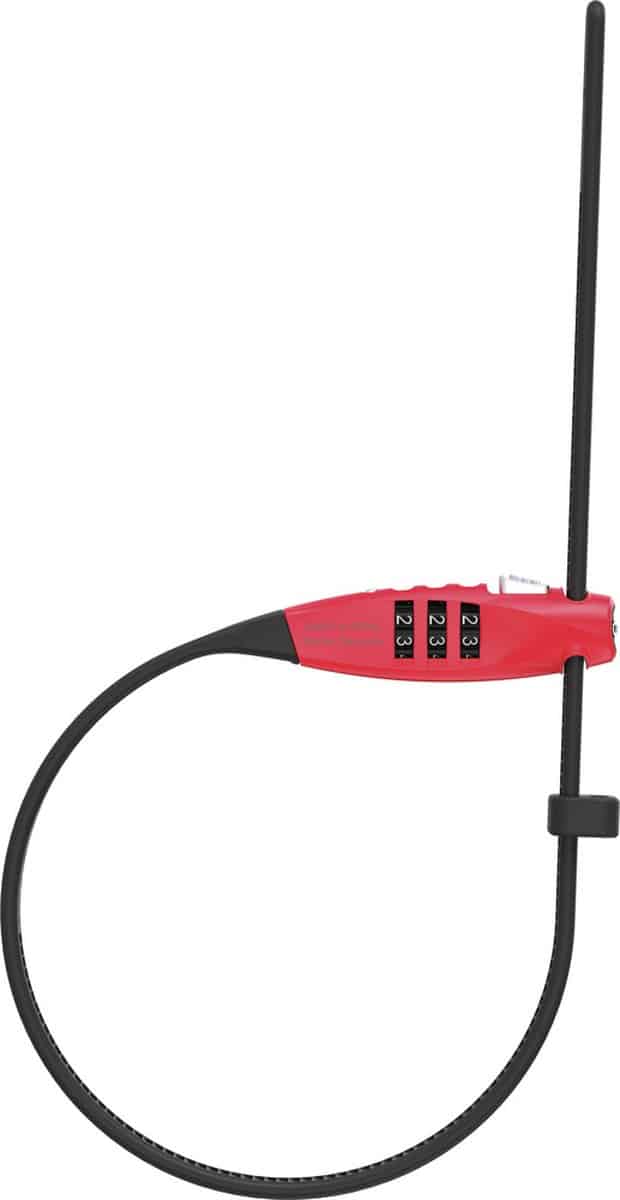 Rood cijferslot met zwarte kabel.