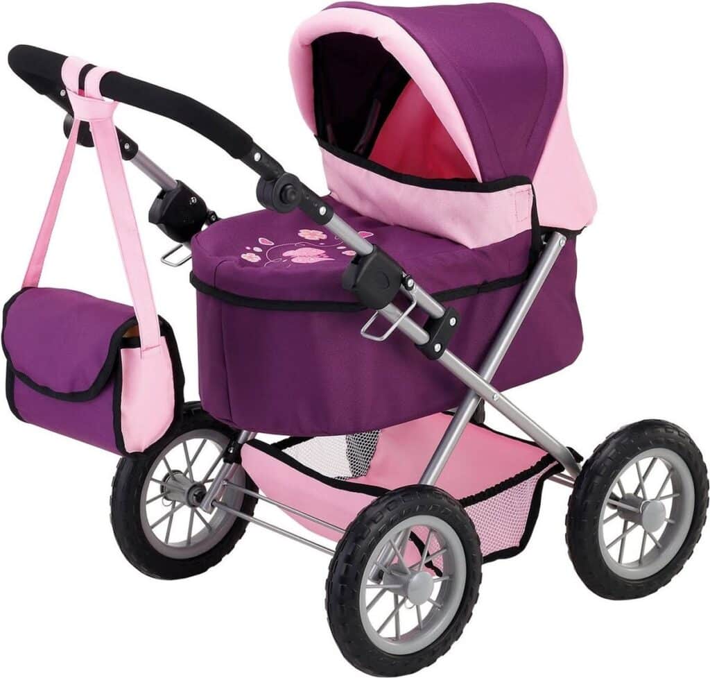 Roze en paarse poppenwagen met tas