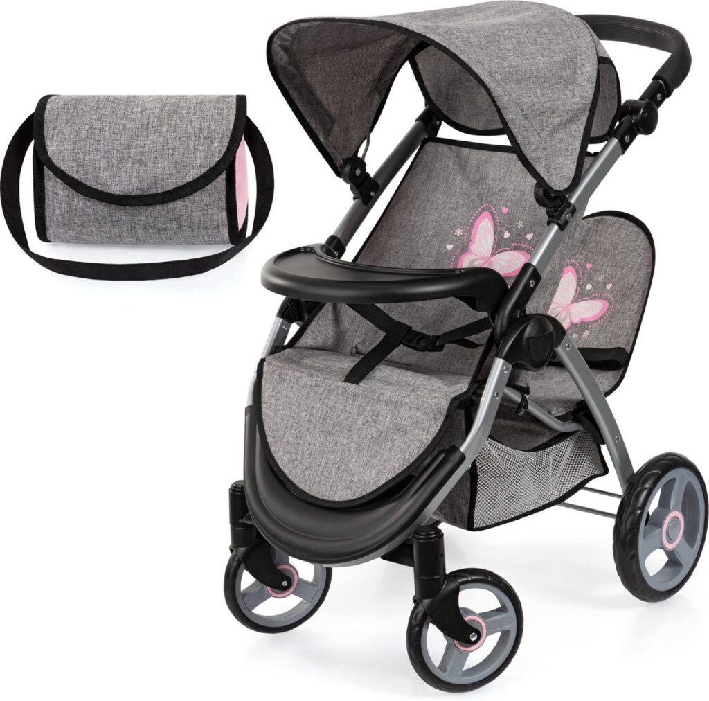 Grijze kinderwagen met vlinderprint en verzorgingstas