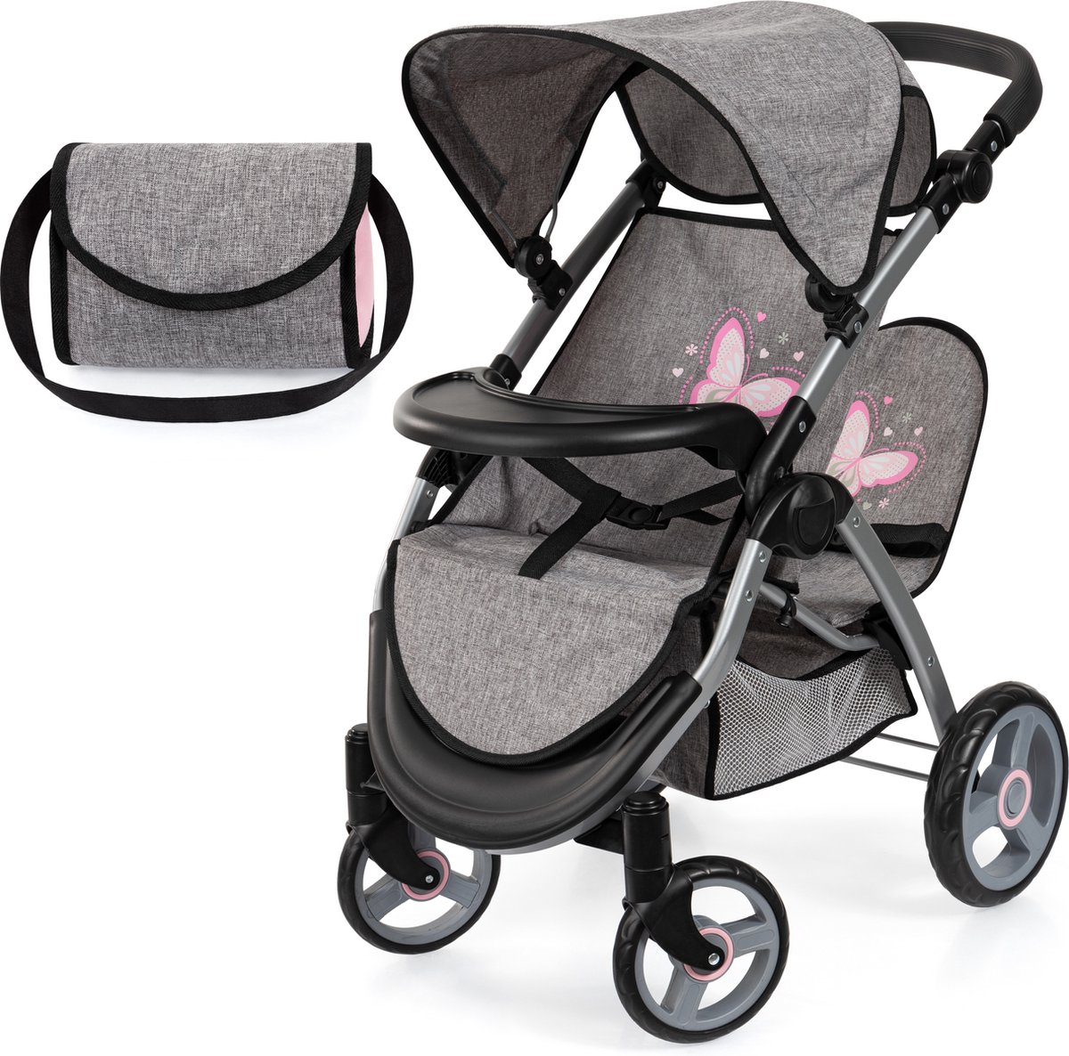 Grijze kinderwagen met vlinderprint en verzorgingstas