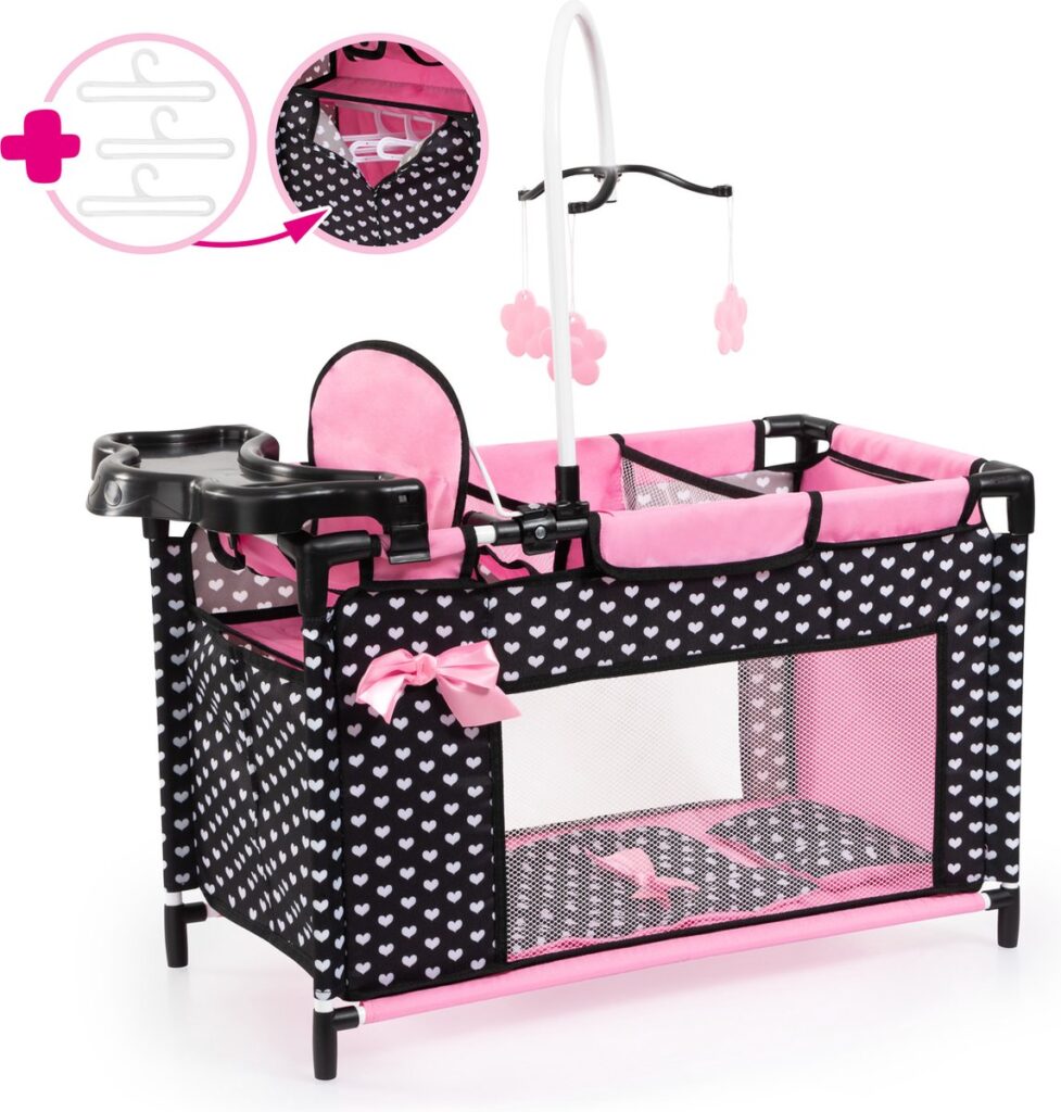 Roze en zwart babybed met hartjespatroon