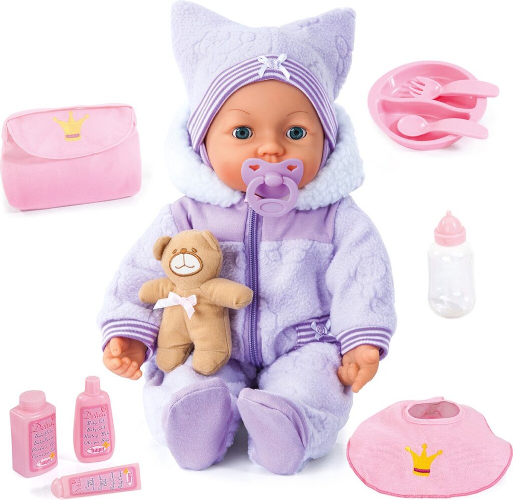 Babypop met paarse outfit en accessoires