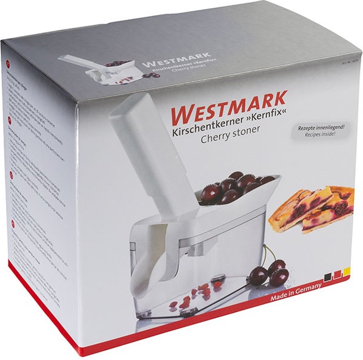 Verpakking van kersontpitter machine met afbeelding en kersen.