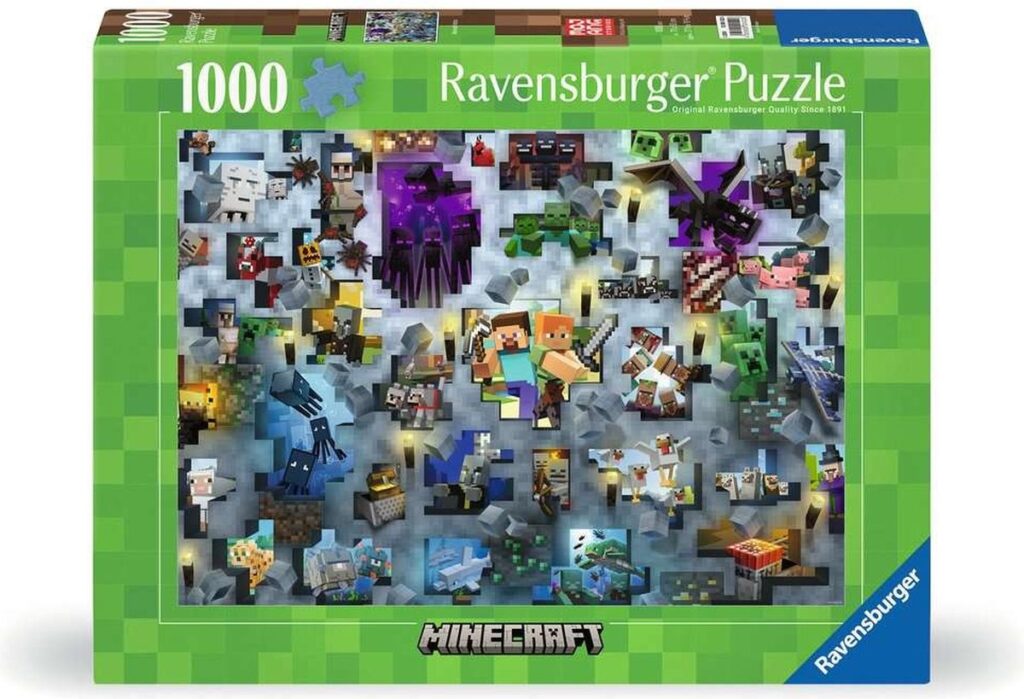 Ravensburger Minecraft puzzel met 1000 stukjes, kleurrijk ontwerp.