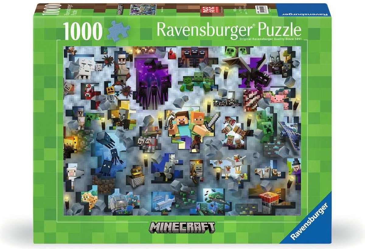Ravensburger Minecraft puzzel met 1000 stukjes, kleurrijk ontwerp.