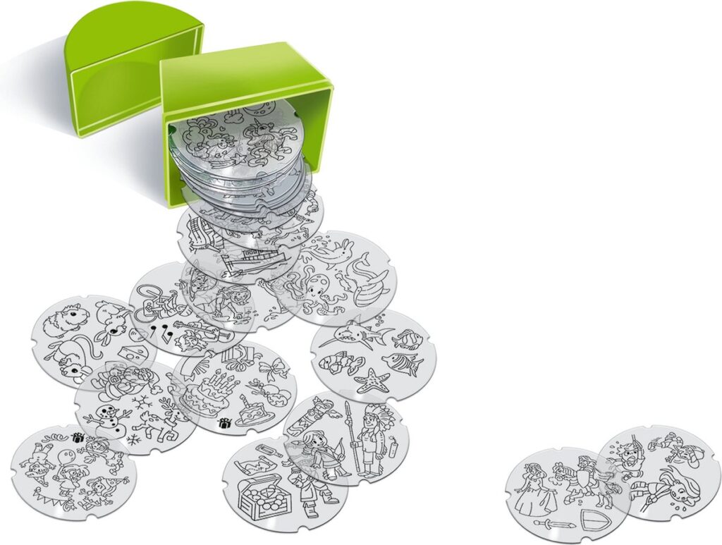 Groene doos met ronde kleurplaten schijfjes