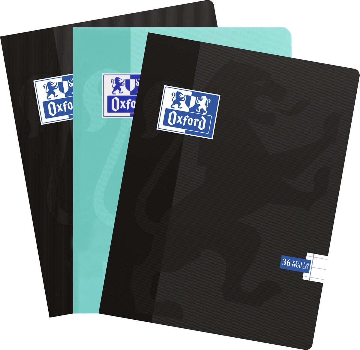 Drie Oxford schriften met zwarte en groene omslagen.