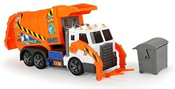 Oranje speelgoedvuilniswagen met een grijze container