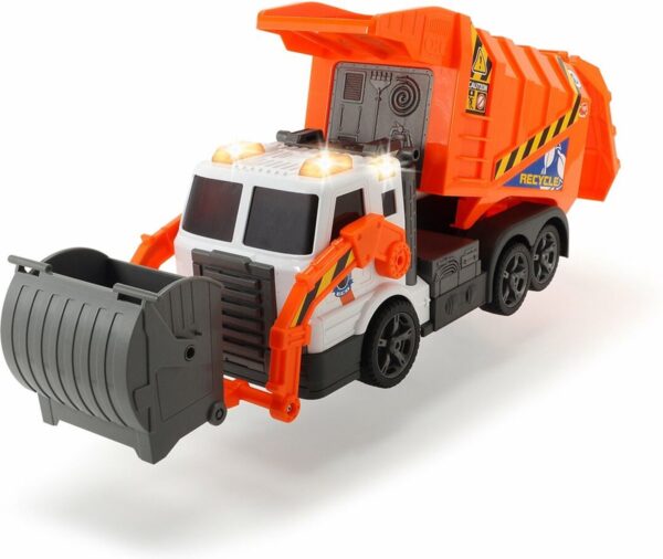 Oranje speelgoedvuilniswagen met geopende laadbak.