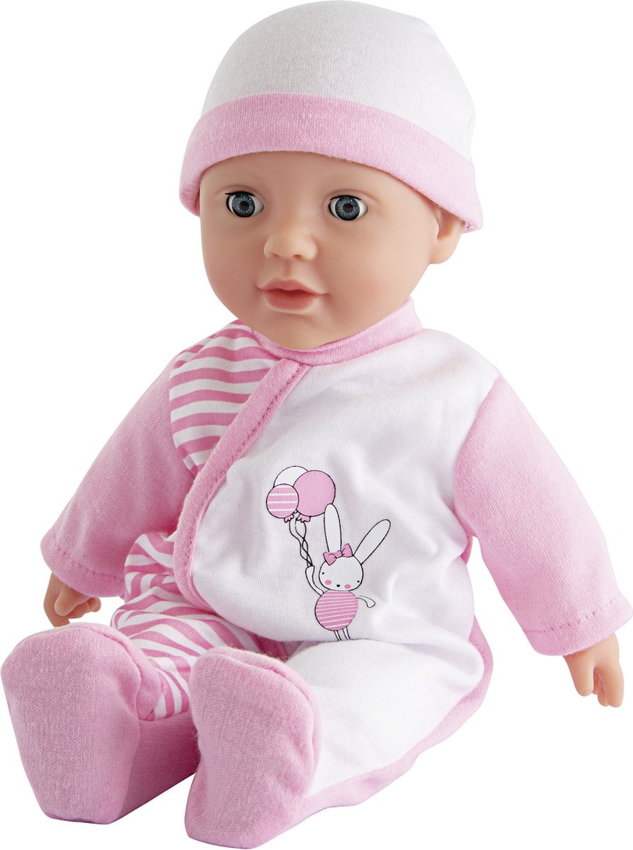 Babypop in roze outfit met konijnontwerp.