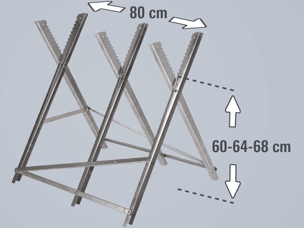 Chevalet de sciage pliable avec hauteur et largeur réglables.