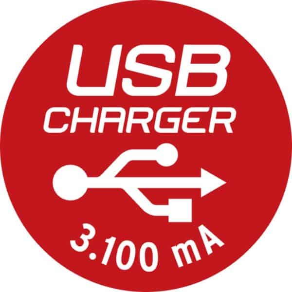 USB oplader logo met 3100 mA indicator.