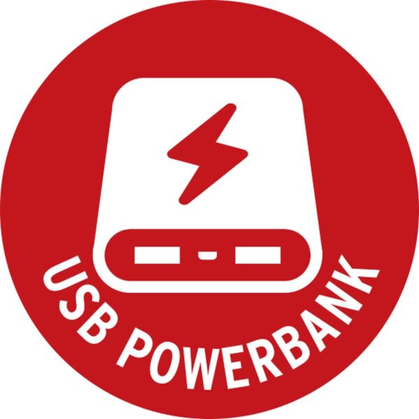 Rood pictogram met USB powerbank en bliksemsymbool.