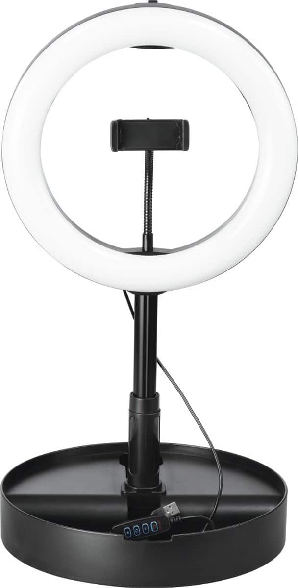 Ronde ringlamp met telefoonhouder en USB-aansluiting.