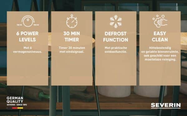 Severin magnetronfuncties: vermogen, timer, ontdooien, makkelijk reinigen.