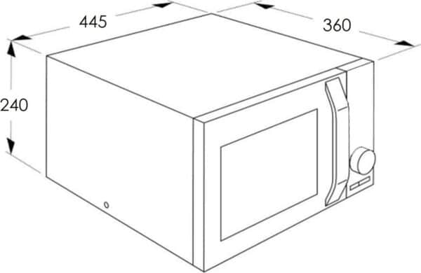 Technische tekening van een magnetron met afmetingen 445x360x240mm