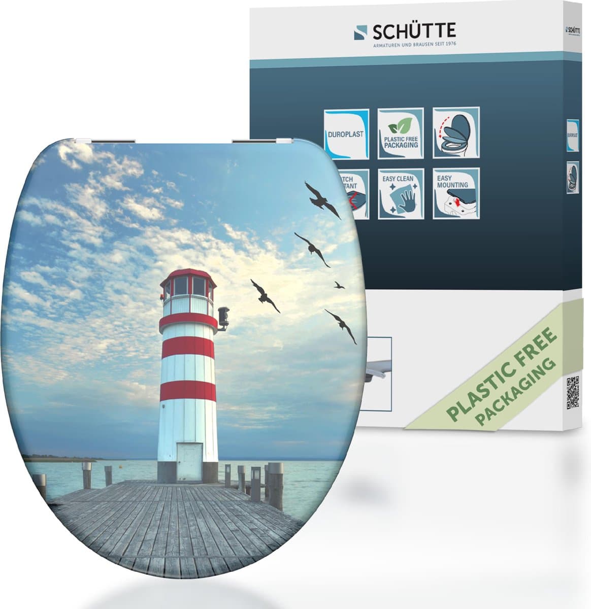 Wc-bril met afbeelding van vuurtoren en vogels.