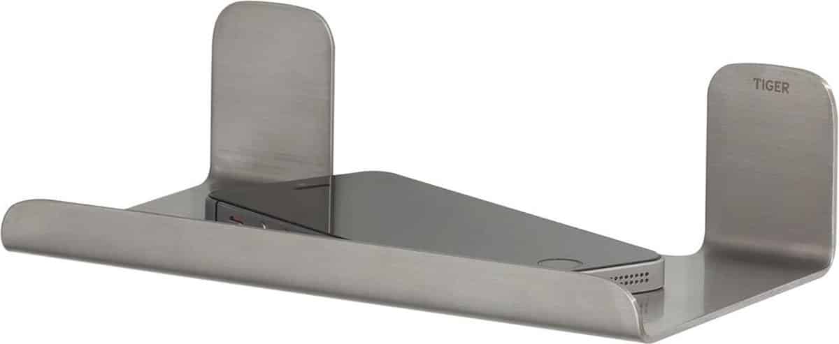 Roestvrijstalen toiletrolhouder met telefoontablet plank.