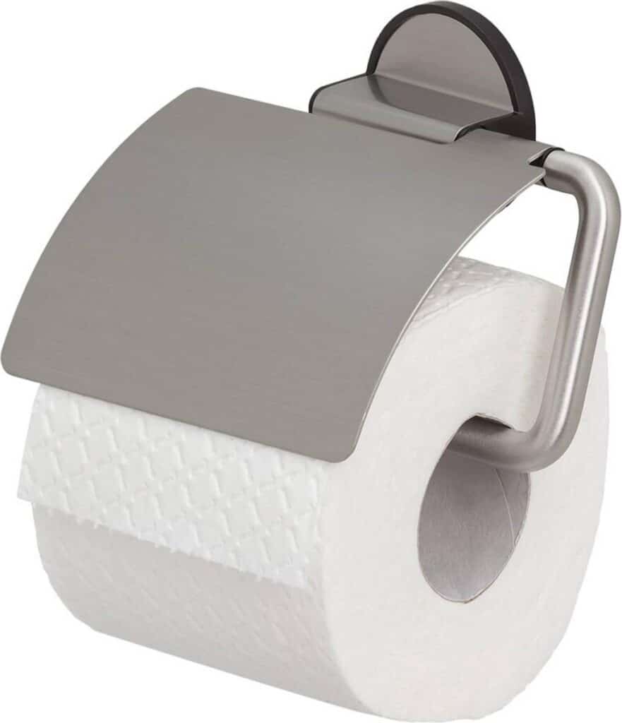 Toiletrolhouder met toiletpapier op standaard.