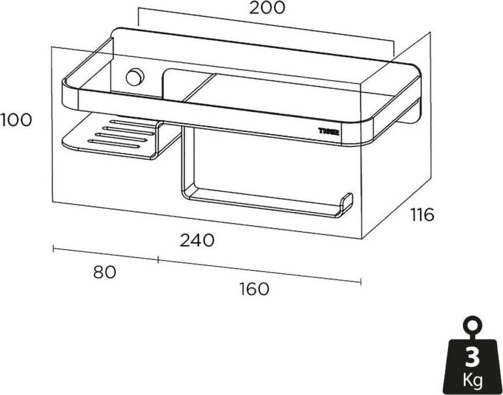 Technische tekening van een wandplank met afmetingen en gewicht.