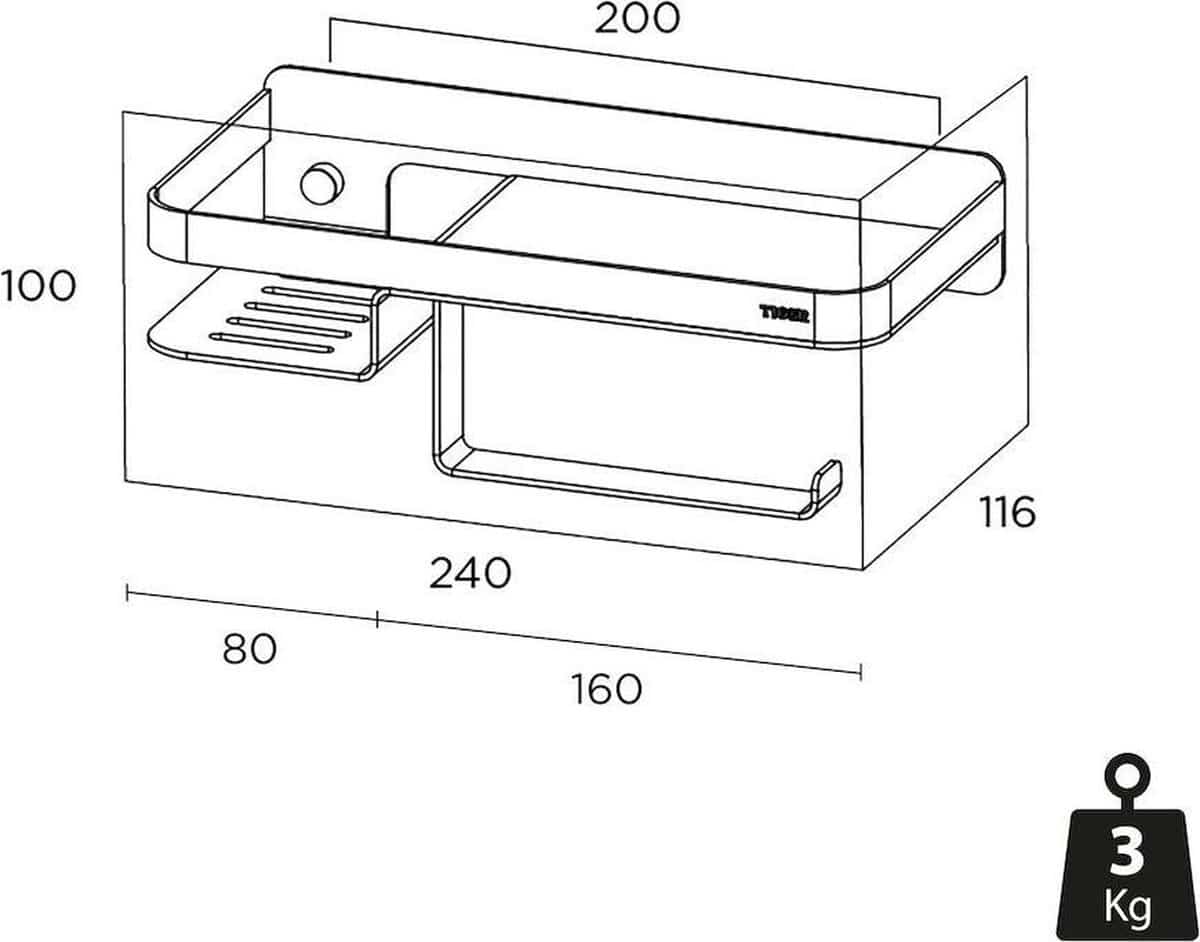 Technische tekening van een wandplank met afmetingen en gewicht.