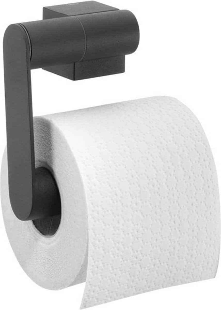 Zwart toiletrolhouder met witte toiletpapierrol.