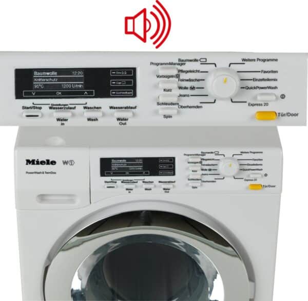 Miele wasmachine met bedieningspaneel en audio-symbool.