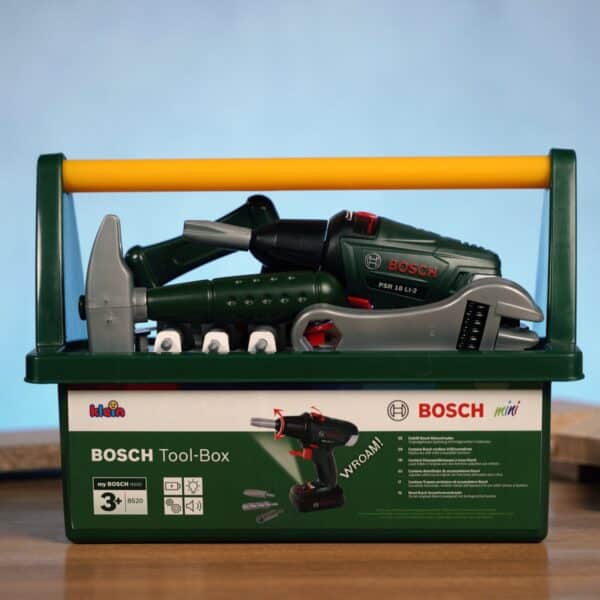 Speelgoed gereedschapskist Bosch met boormachine en sleutel.