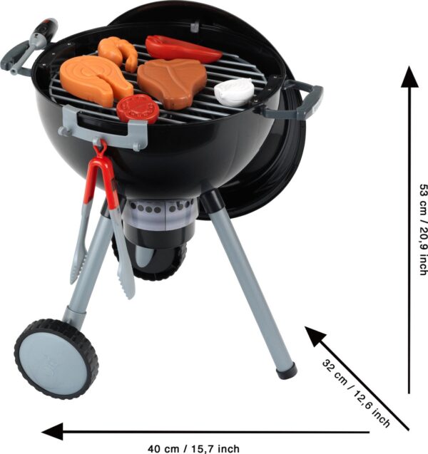 Speelgoedbarbecue met plastic etenswaren en tang.