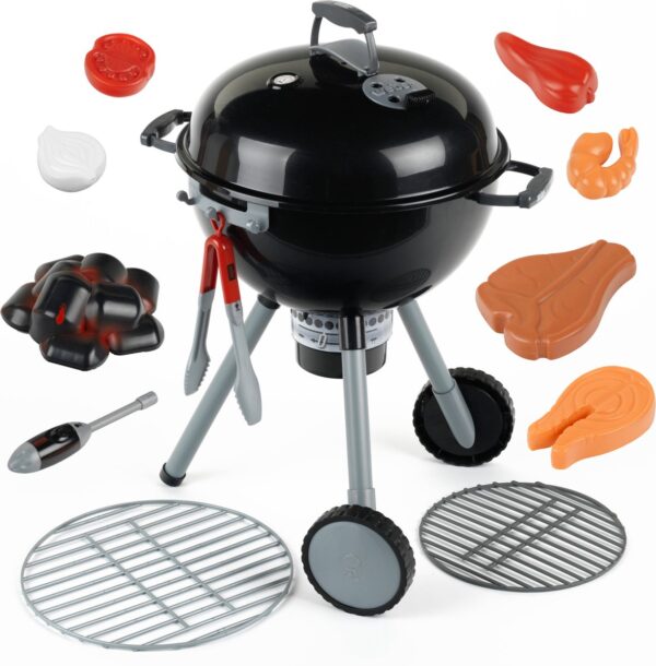 Speelgoedbarbecue met accessoires en etenswaren.