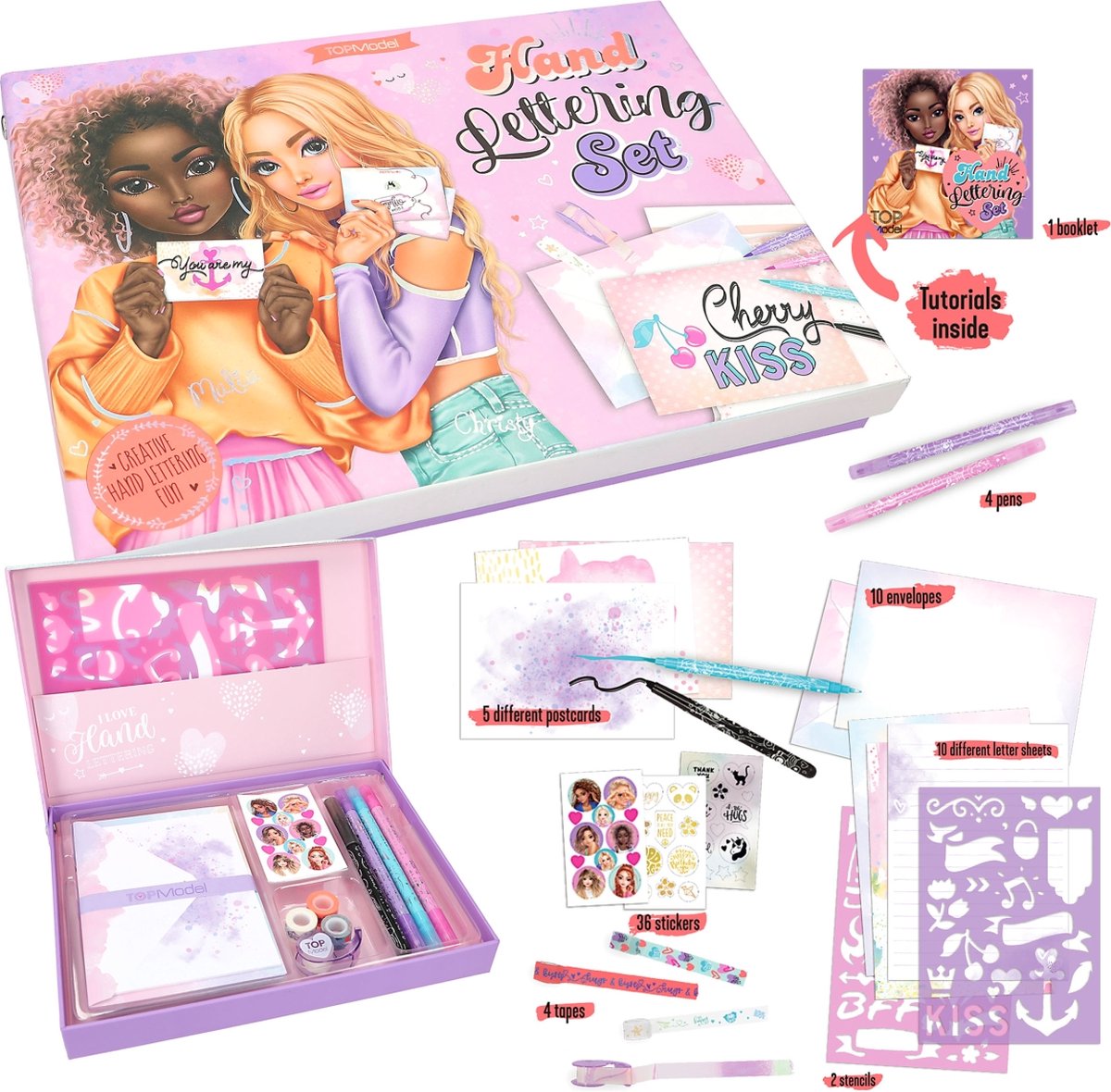 Handlettering set met pennen, stencils en stickers.