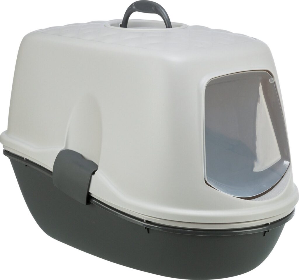 Gesloten kattenbak met grijze deksel en handvat