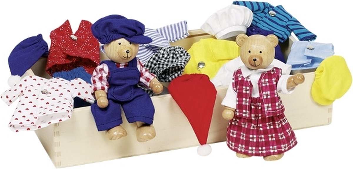 Twee teddyberen met kleurrijke poppenkleding op plank