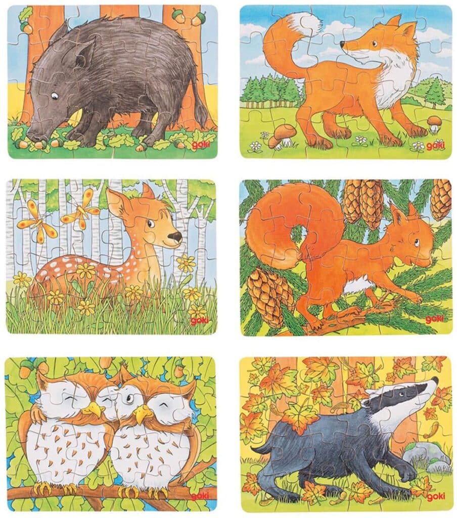 Dierenpuzzels met zwijn, vos, hert, eekhoorn, uilen, das.