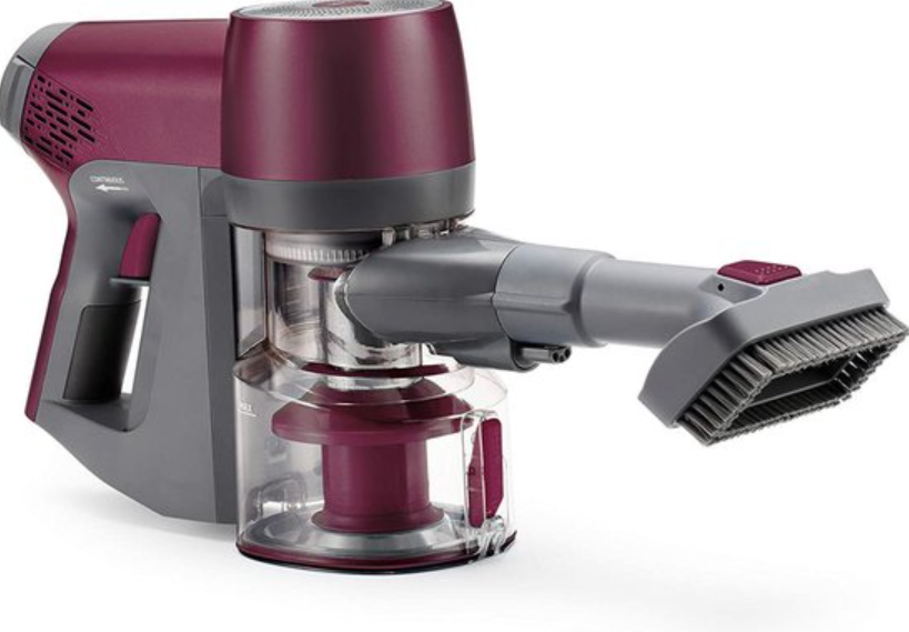 Draadloze stofzuiger met borstel en opvangbak.