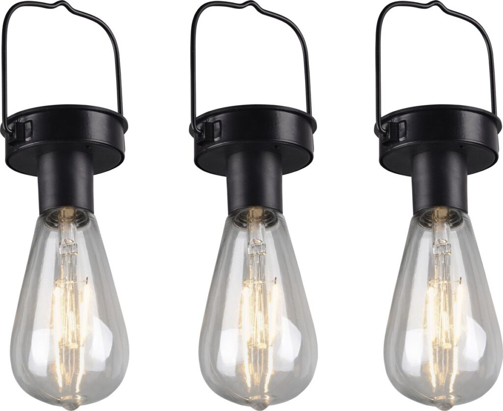 Drie zwarte hanglampen met gloeilampen