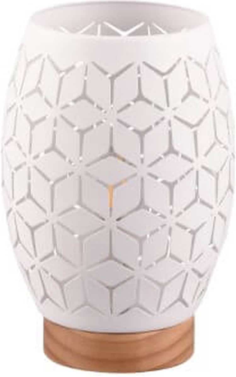 Decoratieve witte lantaarn met geometrisch patroon, houten basis.