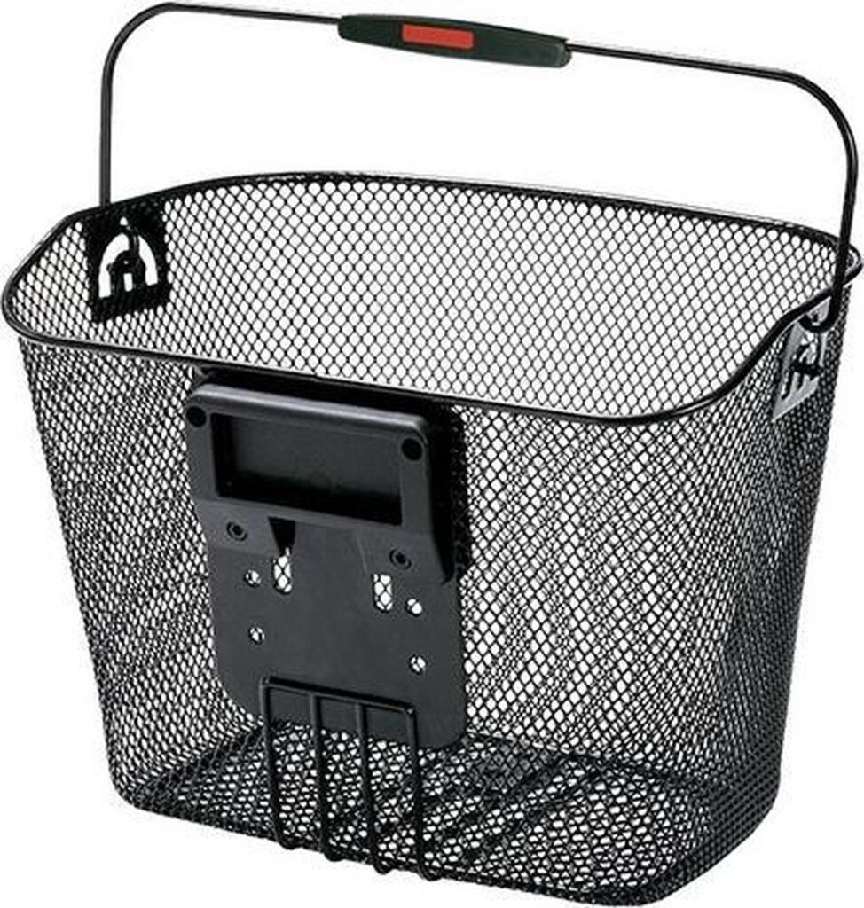 Zwarte metalen fietsmand met handvat.