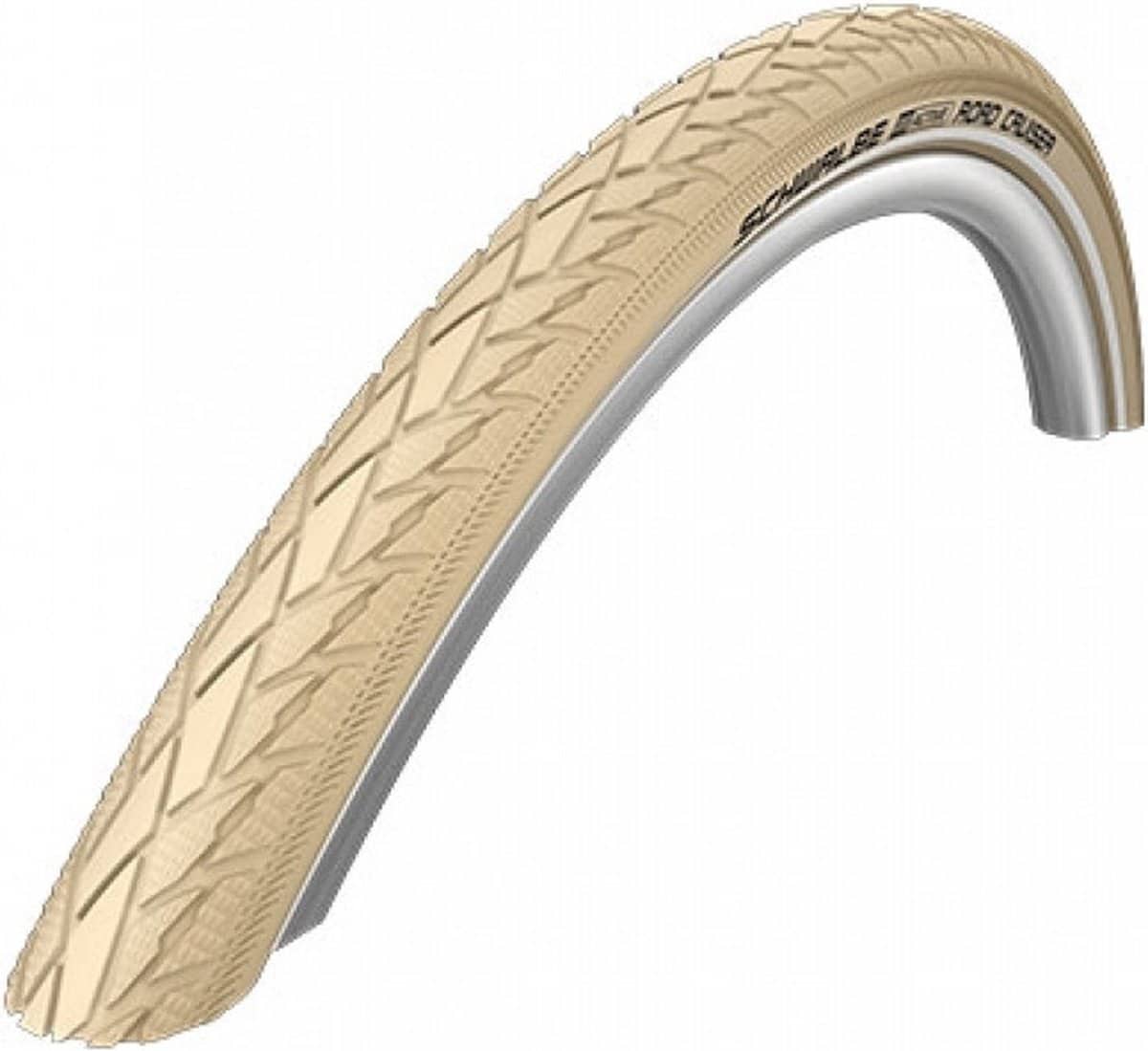 Cream bicycle wheel tire with tread for grip.