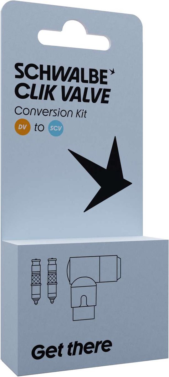 Schwalbe ventiel ombouwkit verpakking voor fietsband.