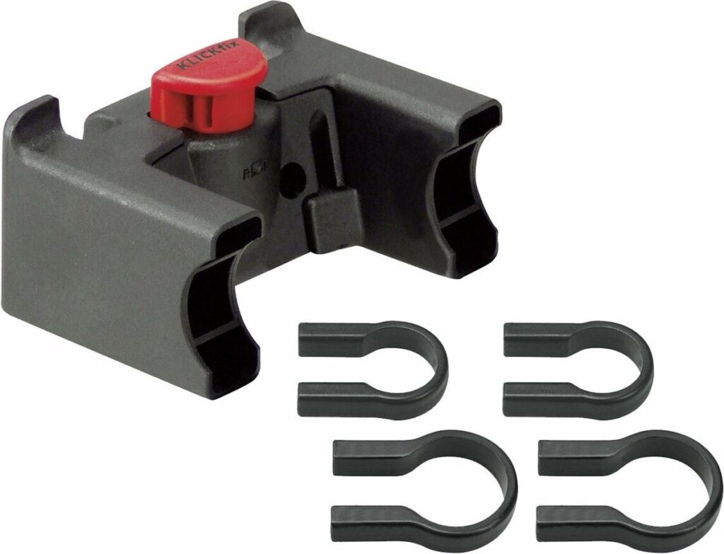 Fietsstuurbevestiging met klemmen, zwarte kleur.