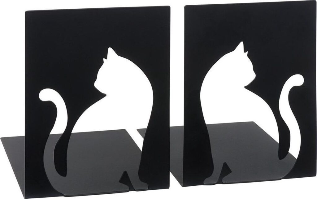 Zwarte boekensteunen met silhouet van kat