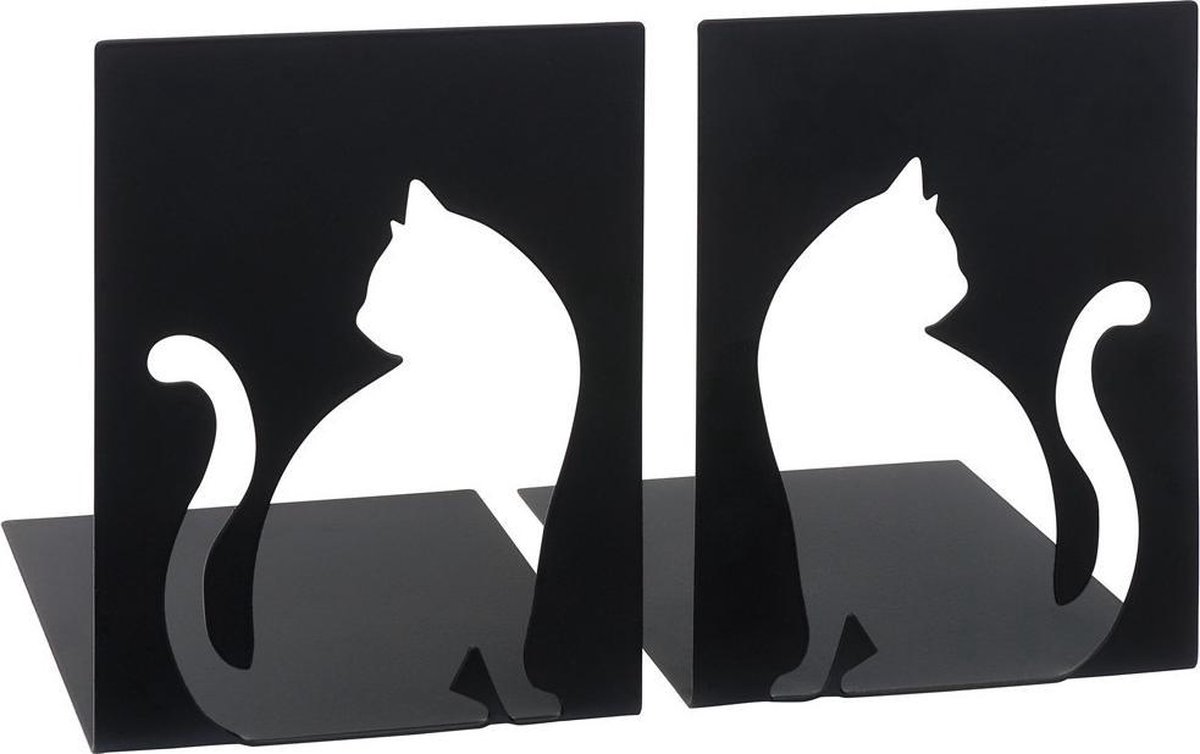 Zwarte boekensteunen met silhouet van kat