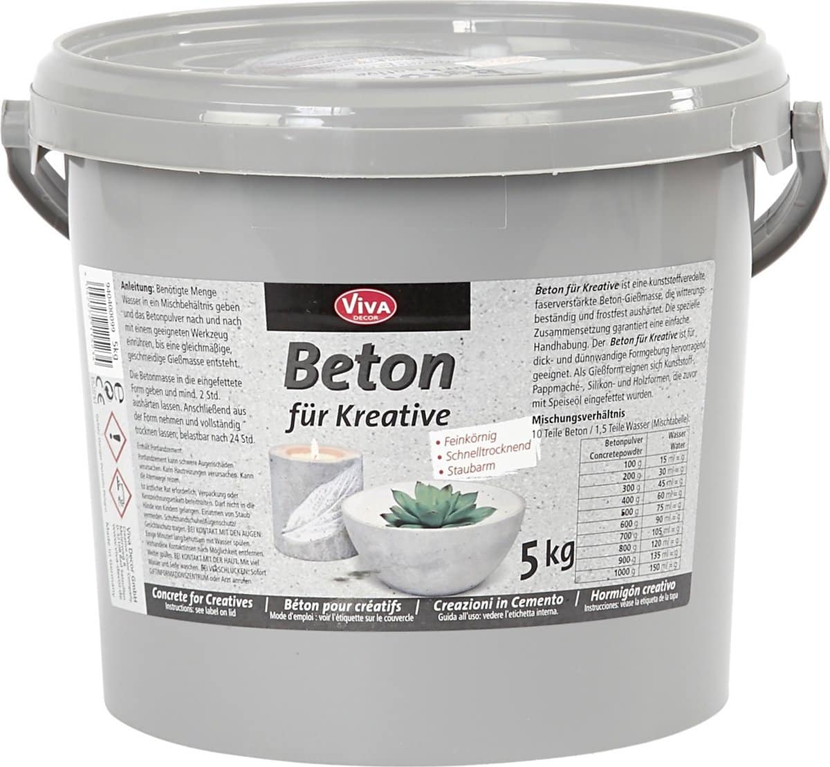 Grijze emmer creatief beton 5 kg.