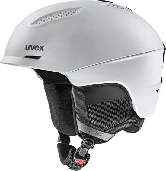 Grijze skihelm met kinband en ventilatieopeningen