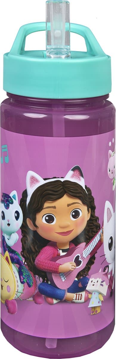 Paarse kinderfles met een cartoonmeisje en dieren.