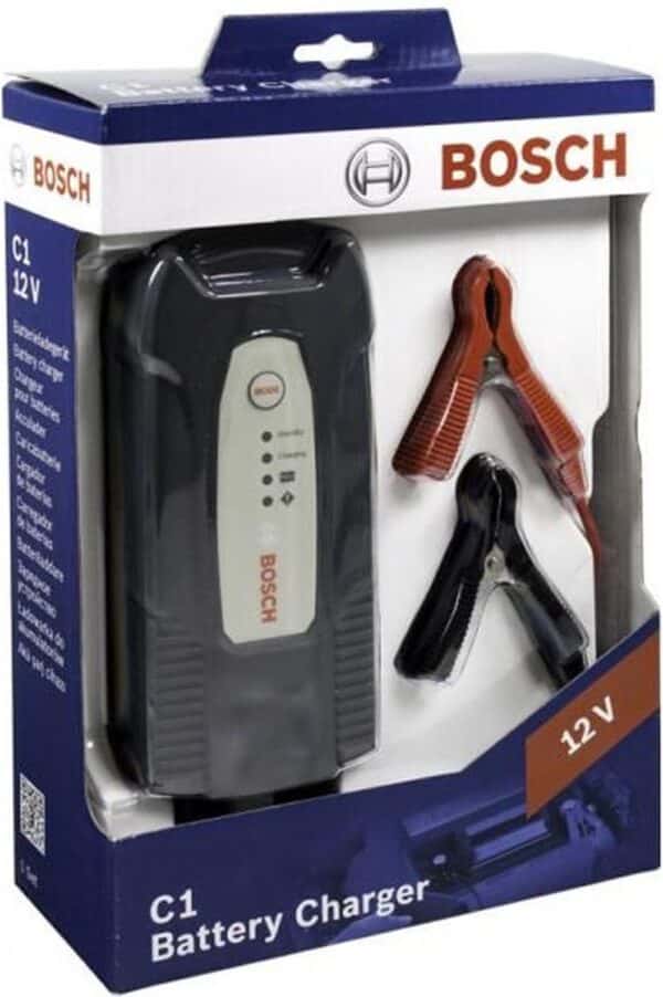 Bosch 12V acculader in doos met klemmen.