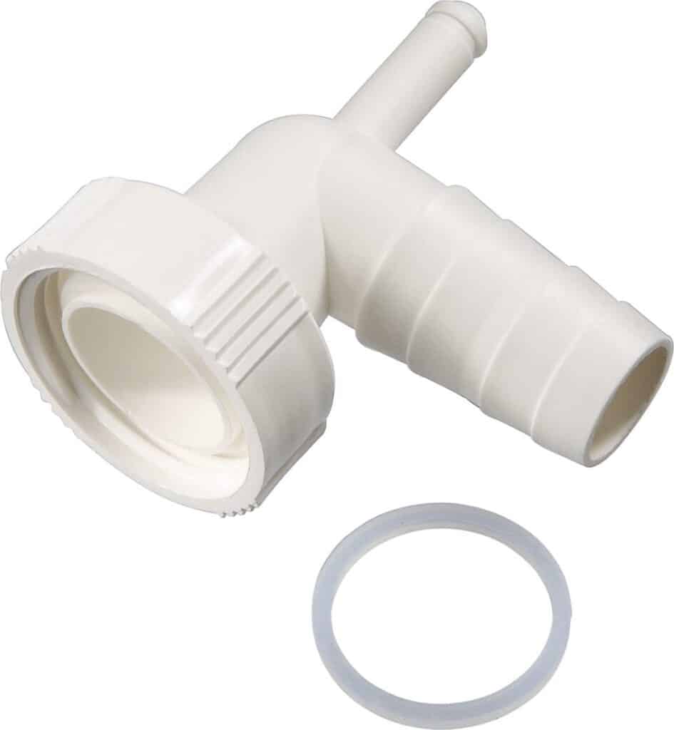 Wit kunststof slangtule met pakkingring.