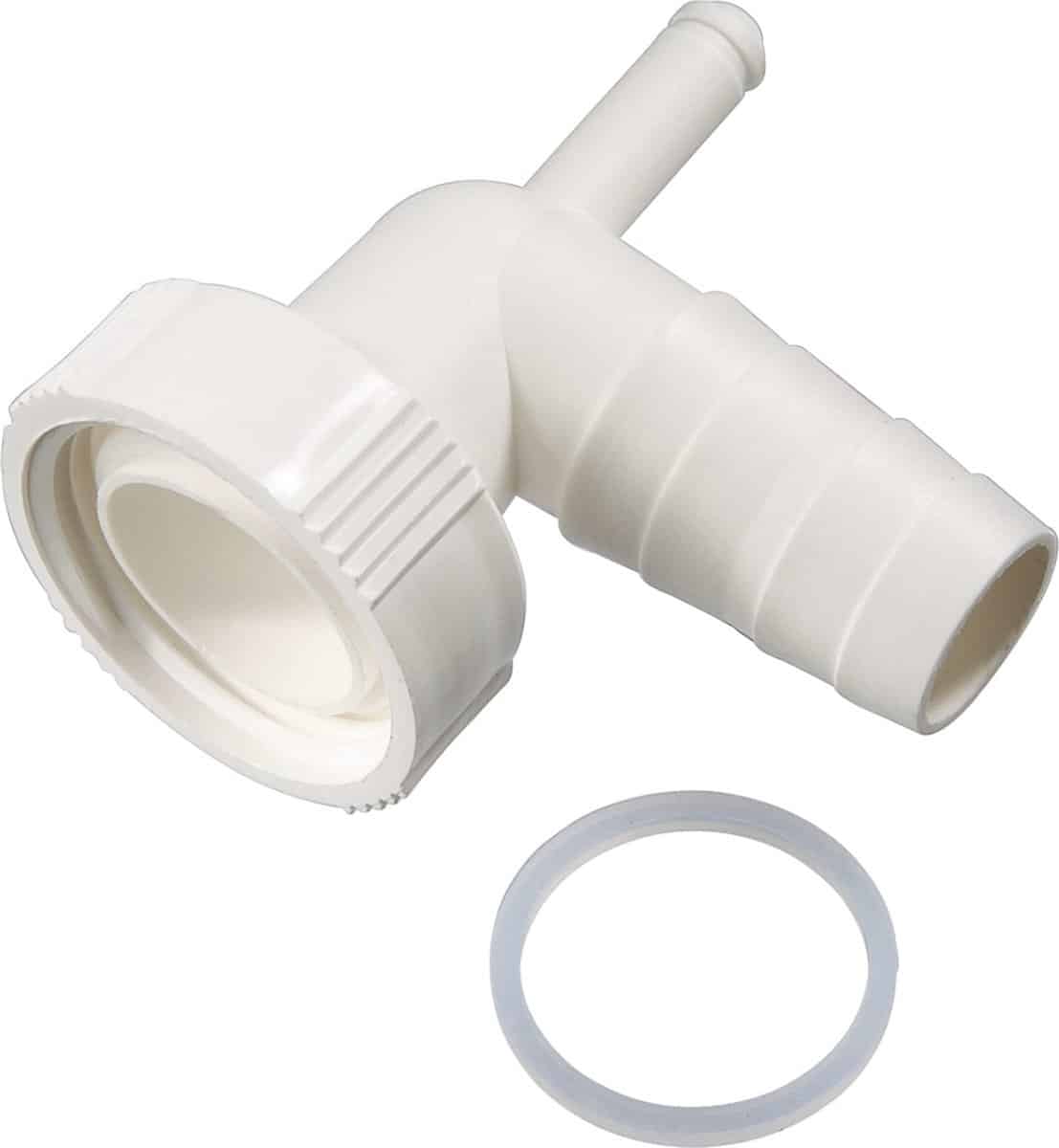 Wit kunststof slangtule met pakkingring.