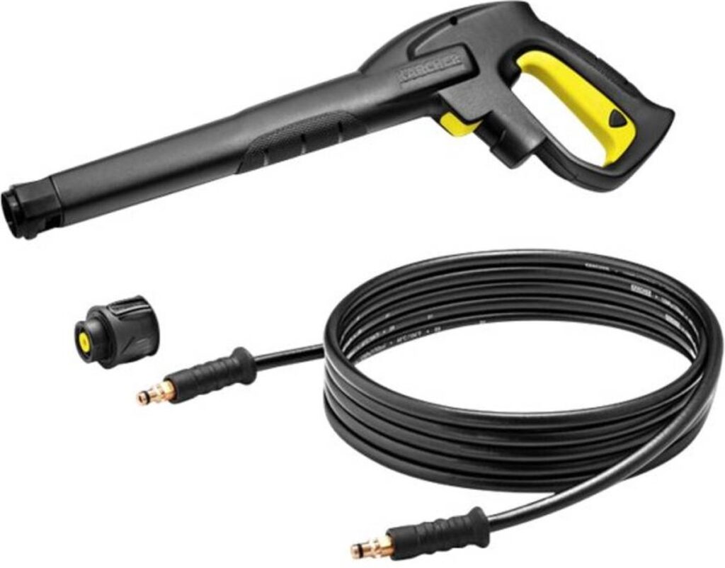 Hogedrukreiniger accessoires: pistool, slang en mondstuk.